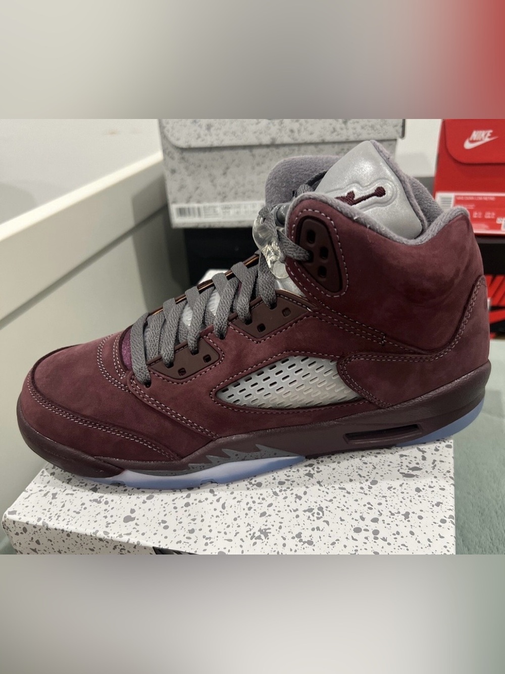 Jordan Men's Burgundy Suede High-Top Sneakers with Gray Accents